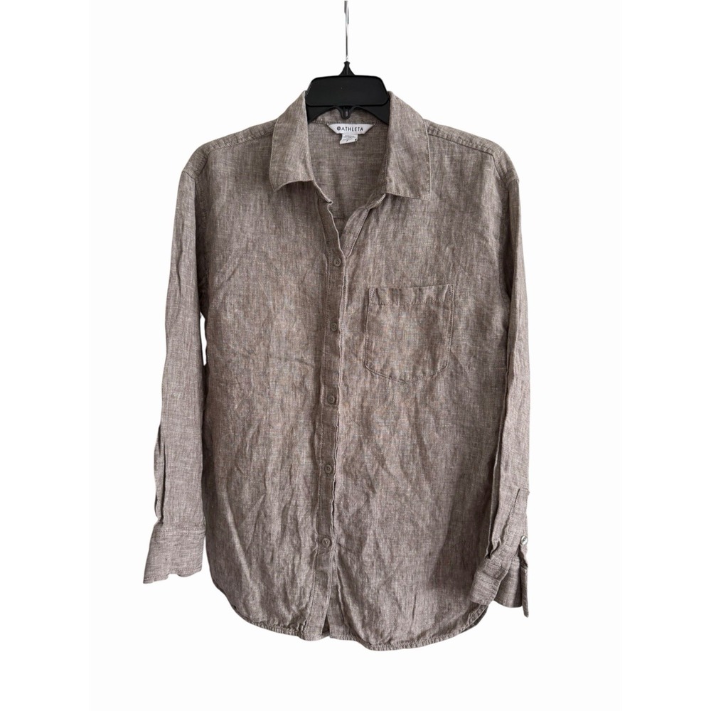 Athleta Shirt Womens Small Brown 100% Linen Long Sleeve Button Down Top MMM11-1